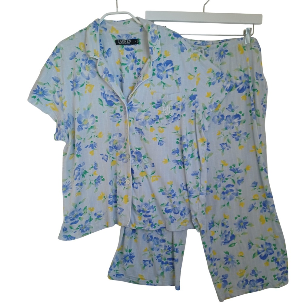 Lauren Ralph Lauren Pajama Set XL Blue Yellow Floral Short Sleeve Crop Pants